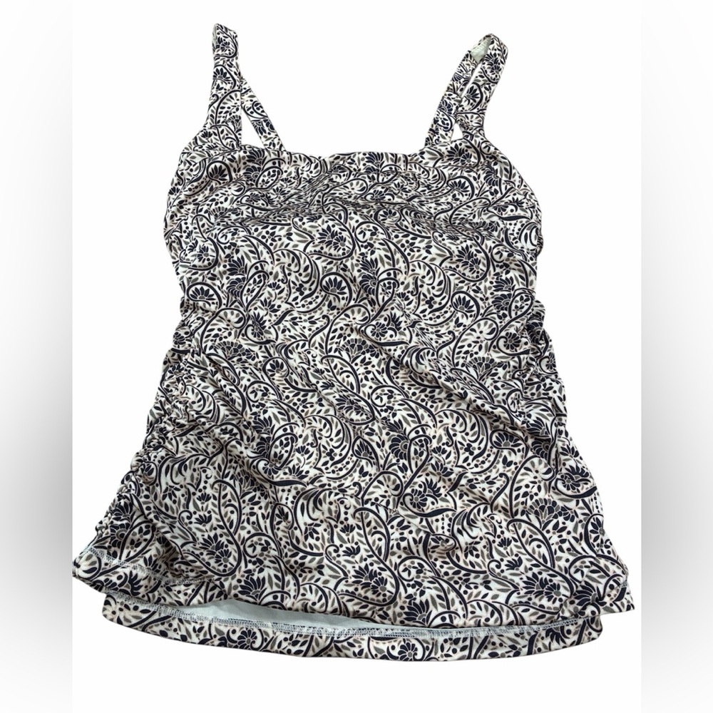 Athleta tankini top black and cream batik floral print shirred side detailing